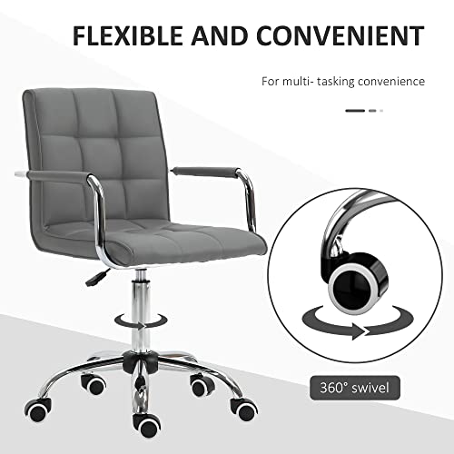 Vinsetto Makeup Vanity Chair, PU Leather Mid Back Office Chair with Adjustable Height, Armrest and Rolling Wheels, Grey