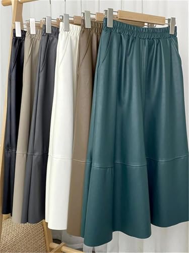 Women Patchwork High Waist Faux Leather Midi Skirt Elegant Party A Line Skirt with Pockets3