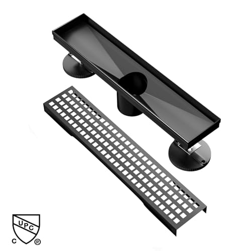 Image of BARONAGE Linear Shower Drain 12 Inch, Square Grate, Matte Black | V-shaped Rapid Linear Drains, Rustproof, Hair Catcher, 304 Stainless Steel Rectangle Shower Floor Drain For Bathroom