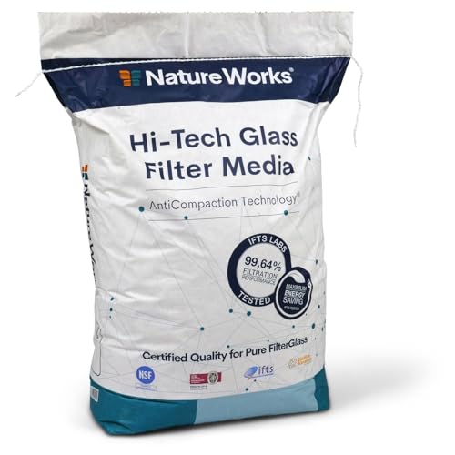 Nature Works Hi-Tech Verre filtrant 0,6-1,2 mm – 20 kg – Médium filtrant de qualité supérieure pour piscine, étang et eau potable – 99,64 % de puissance de filtration – Technologie anti-compaction