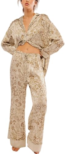 Image of LILTWIST Silk Satin Pajamas Set for Women 2 Piece Floral Pjs Wide Leg Lounge Pants Set Long Sleeve Button down Pj Shirts Set