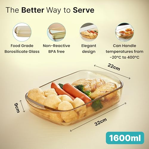 Image of The Better Home Zeno (1.6L) Borosilicate Glass Baking Tray For Microwave Oven | Baking Dish | Baking Pan | Bake & Serve Dish | Bakeware | Glass Bowl For Microwave | Dishwasher Safe (Rectangular)