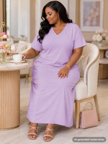 Image of SUZONANA Women Casual T-Shirt Dress V Neck Short Sleeve Solid Color Oversize Dress with Front Two Pockets