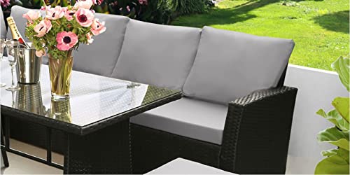Image of DEVOKO 6-Piece Outdoor Patio Furniture Set HDPE Wicker Conversation Set with Dining Table, Sofa for Porch, Lawn, Garden, Backyard (Black & Grey)