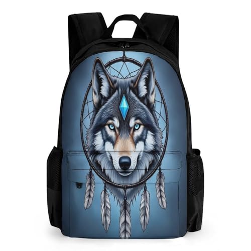 Unisex Native Wolf Dream Catcher Backpack, Elegant Large Capacity Backpack with Water Bottle Pocket, Adjustable Travel Shoulder Bag for Women Men