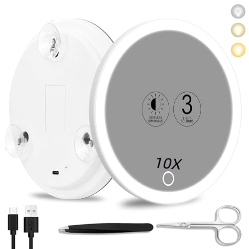 Magnifying Mirror With Light 10x, 3 Color Modes Dimming Rechargeable Large 6'' Lighted Magnified With Suction Cups Travel Makeup 10x Magnification With Tweezers & Scissors