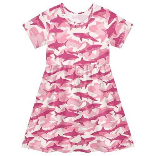 Pink Shark Pattern Summer Girls Short Sleeve Dress Casual Dresses Beach Sundress for 2-8 Years