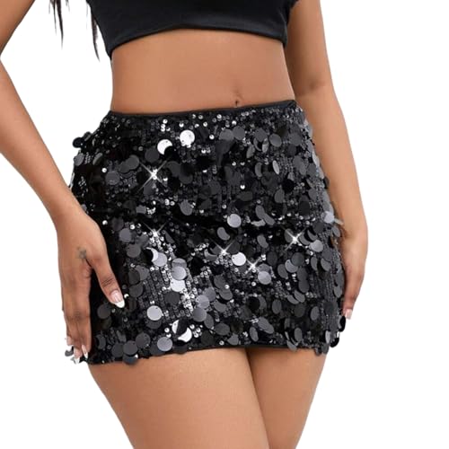 MUNSKT Jupe à Paillettes pour Femme,Mini Jupe Moulante à Paillettes,Taille Élastique Paillettes Courte Jupes Carnaval Soirée Rave (FR/ES, Tour de Taille, TG, Taille...