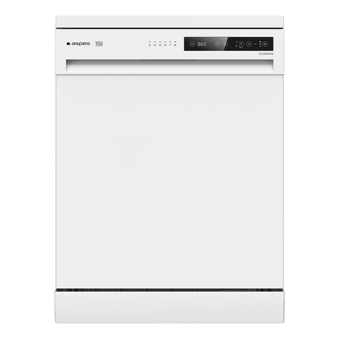 Aspes Lavavajillas 60cm Blanco AJ13601ED. 1890W, 14 Cubiertos, 2 Bandejas, 6 Programas, Display LED táctil, Función Stop&Go, Eficiencia Energética Clase E