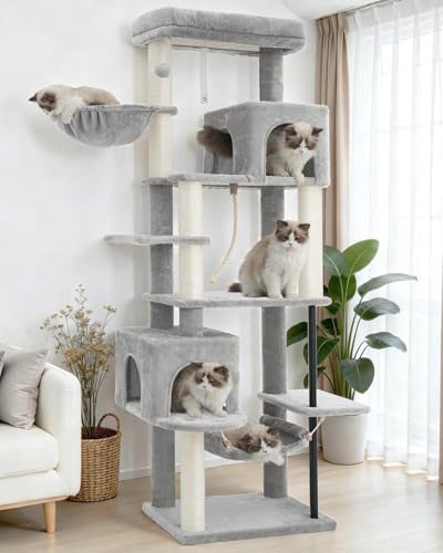 Image of Gitelsnour Cat Tree, Cat Tower with Sturdy Steel Tube, Large Perch GCT024W | 70.5'' Cat Furniture with Scratching Post, Hammock, Basket and Big Platform for Indoor Cats Large Adult, Light Gray