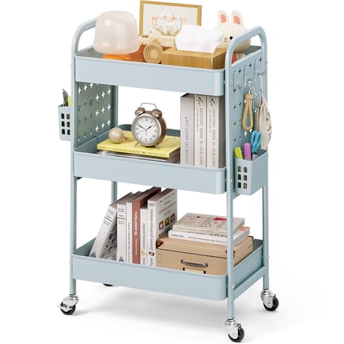 Image of KINGRACK 3 Tier Rolling Cart with DIY Hanging Board, Metal Rolling Utility Cart with Wheels Handles Baskets Hooks, Rolling Storage Cart Suitable for Bathroom, Kitchen, Office, Nursery Diaper (Green)