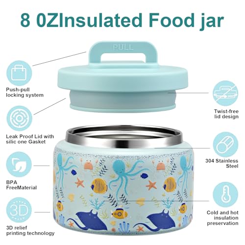 Image of JXXM 8 Oz Thermo Food Jar for Hot & Cold Food for Kids, Insulated Lunch Containers Hot Food Jar,Leak-Proof Vacuum Stainless Steel Wide Mouth Lunch Soup Thermo for School (Blue-Octopus)