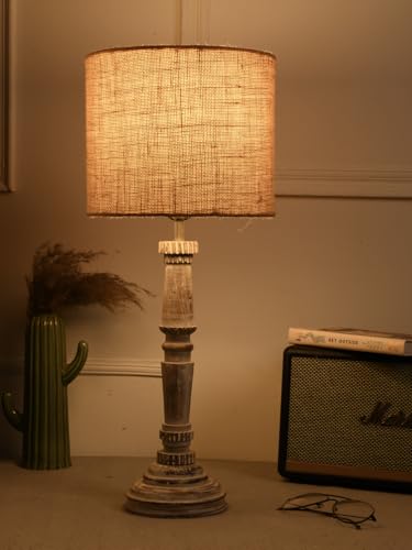 Image of Green Girgit Empire Wooden Lamp in Distress White Color with Jute Brown Lamp Shade, Reading & Bedside Table Lamp, Home & Living Room Decor