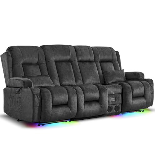 Image of URRED Power Loveseat Recliner Sofa with Massage and Heat, Wall Hugger Reclining Loveseat with Console, RV Couch Home Theater Seating with LED Lights for Living Room (Dark Grey, 89.8 inch - 3 Seats)