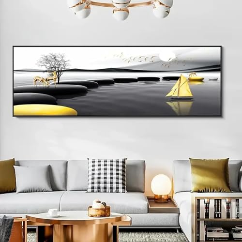 Toile paysage noir et doré pour habiller un grand mur de salon vide