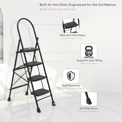 Image of Wakefit Premium 4 Step Foldable Ladder | Wide Anti-Skid Steps | Strong Alloy Steel with X-Support for More Stability | Supports Up to 150 kg |Rust Resistant| Heavy Duty Portable Ladder | Ascenta Black