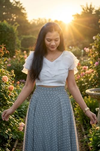 Image of Women's Lycra Top with Georgette Skirt | Polka Dot Print Long Flared Maxi | Full Length Flowy Skirt for Women | Stylish Casual Wear