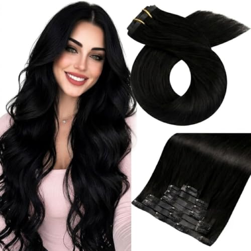 Image of Moresoo Clip in Human Hair Extensions, Natural Black, 16Inch PU Skin Weft | Clip in hair extensions, 16inch 120g 7pcs, suitable for office and daily wear, soft natural enhancement for subtle volume