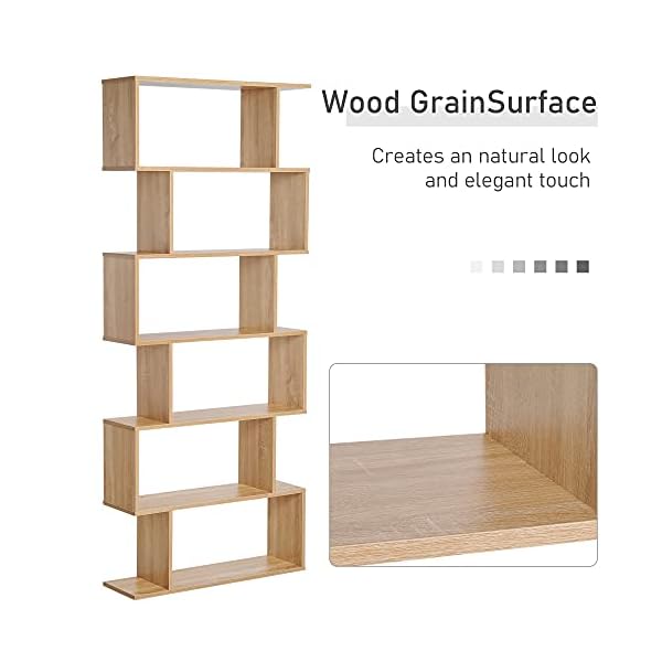 HOMCOM Wooden Wood S Shape Storage Display 6 Shelves Room Divider Unit Chest Bookshelf Bookcase Cupboard Cabinet Home Office Furniture (Oak) - Image 7