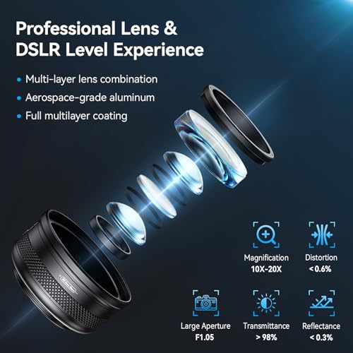 APEXEL 10-20X Macro Lens for iPhone & Android Phones | HD Photography Lens Kit with Universal Clip & 45-Mode Fill Light | Capture Still Life Close-Ups, Insects, Plants, Jewelry, Food & Small Objects