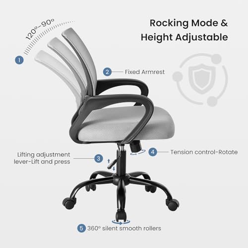 Image of DUMOS Home Office Chair - Ergonomic Mid Back Mesh Desk Chair with Lumbar Support & Rocking Mode, Height Adjustable with Fixed Armrest, for Computer, Gaming, Meeting, 360 Swivel, Grey