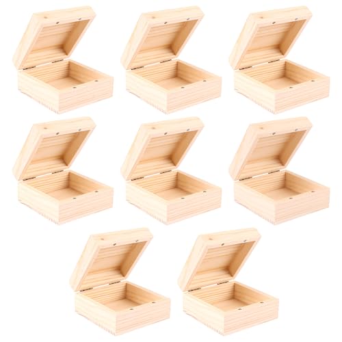 STARVAST Lot de 8 petites boîtes en bois avec couvercle - 9 x 9 x 5 cm (+/-0,5 cm) - Boîte cadeau - Boîte à bijoux - En bois naturel non peint - Petite...