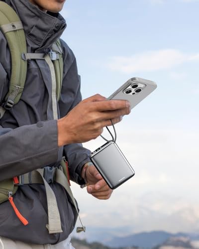 Eazpower Powerbank 45W Schnellladefunktion 20,000mAh mit USB-C Kabel integriert, Externe Handyakkus Leicht Klein Aber Stark für iPhone 17/16 /15 Pro, Samsung S25 Ultra, Xiaomi - Raummetallsilber