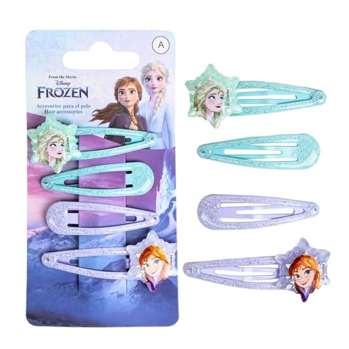 Disney Frozen - Mollette per capelli glitterate per ragazze, 5 cm, in metallo, antiscivolo, con due ciondoli decorativi, accessori per capelli alla moda, 4 fermagli per capelli