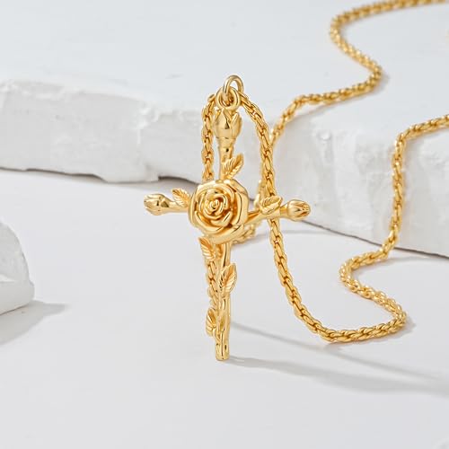 Cross Necklace for Women 14K Gold Plated Birth Flower Necklaces Rope Cross Pendant Fashion Gold Jewelry Birthday Gifts 12 Month4