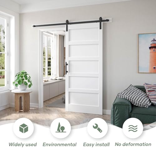 Image of Fredbeck 38x80 inch White Barn Door with 6.6 FT Sliding Door Hardware Kit Included & Handle,MDF,Solid PVC Surface,DIY Assembly,5-Panel