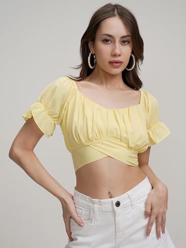 Image of Tokyo Talkies Women's Puff Sleeves Styled Back Crop Top | Cinched Waist | Feminine & Trendy | Perfect for Casual & Day Outings | Tops for Woman | Women Tops | Women Crop Top