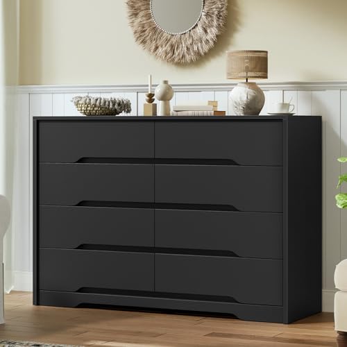 RALGEND 8 Drawer Dresser for Bedroom, White Double Chest of Drawers, Modern Wooden Dresser with Handless Design, Minimalism Style, for Bedroom, Living Room, Hallway, Entryway, Black