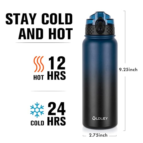 Oldley Botella de Agua Aislada 20oz Botellas con Pajilla, Botella de Acero Inoxidable con 3 Tapas, Botellas de Pared Doble al Vacío para Adultos y Niños, Botellas Deportivas para Escuela y Viaje, Azul-negro miniatura 3