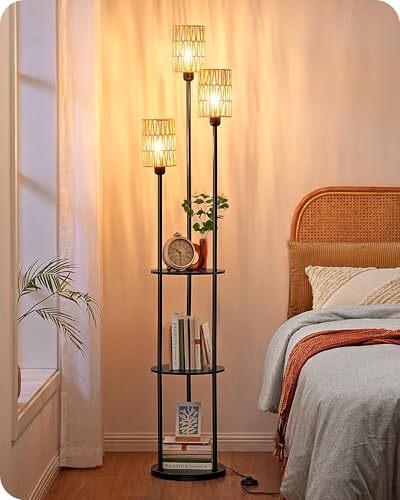 Lampadaire bohème rotin avec 2 étagères, EDISHINE