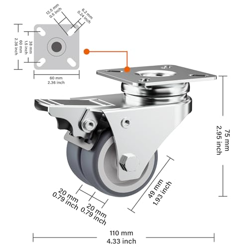 Image of Caster Wheels, 2inch Casters Set of 32 Heavy Duty, Two-Wheeled Grey TPR Casters with Brake, Double-Wheeled Swivel Plate Locking Castor Wheels Widely Used in All Kinds of Furniture.(32 Pack)