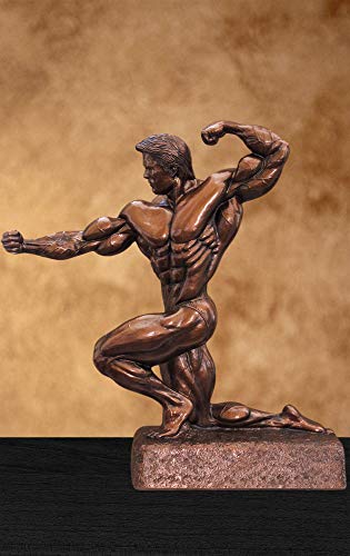 Male Bodybuilding Kneeling Twist Resin Sculpture - Bodybuilding Trophy (Approx. 14" Tall, Gallery Bronze Finish)