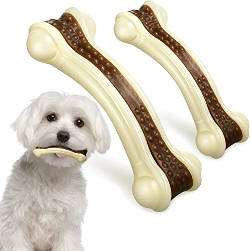 Bones Shaped Dog Toys for Aggressive Chewers, 2 Pack Christmas Dog Chew Toys Puppy Teething Nylon Beef Flavor for Large/Medium/Small Puppies Breeds(Curved Bone,Large)