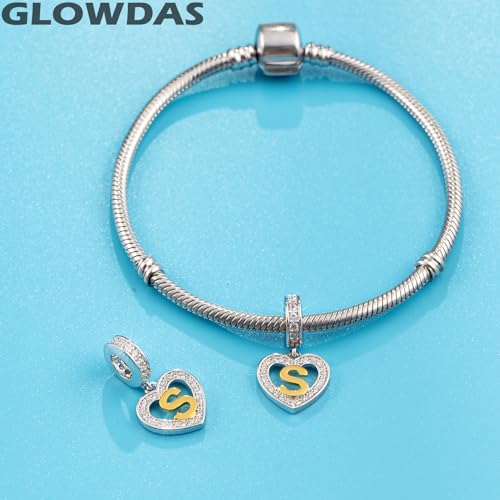 Image of GLOWDAS 18K Gold Plated Letter Charms Initial A to Z Necklace Pendant, 925 Sterling Silver CZ Heart Dangle Alphabet Beads fit European DIY Bracelet, Gifts for Valentiens /Christmas /Family