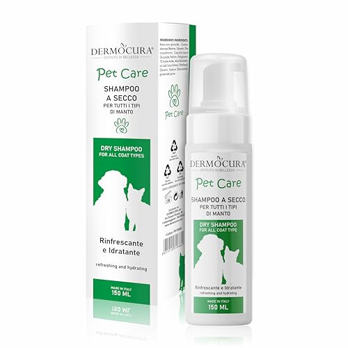 Dermocura Shampoo Secco per Cani e Gatti Nutriente e Igienizzante per Pelo Lungo e corto - Shampoo per Cani Senza Risciacquo | Profumazione Duratura con Azione Anti-Irritazione Anti-prurito 150ml