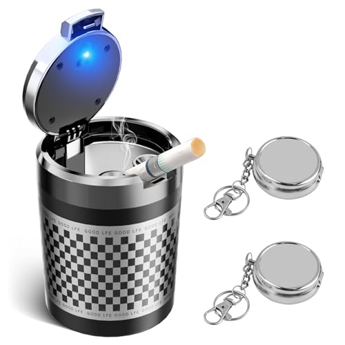 Chingde 1 Pièce Cendrier Voiture Anti Odeur et 2 Pièces Cendrier de Poche, Lumière LED Automatique, étanche et Ignifuge, Résistant aux Hautes Températures,...