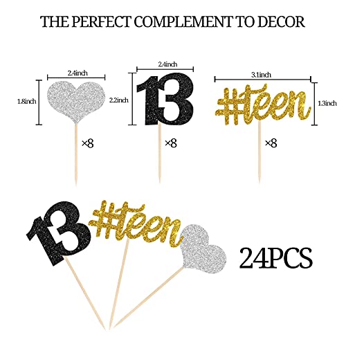 Image of Festiko24 pcs Teen 13th Cupcake Toppers, 13th Birthday Anniversary Party, Thirteen Years Old Happy Birthday Cupcake Picks (Gold, Black, Silver)