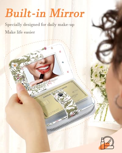 Credit Card Holder Wallet for Women Ladies Cute Small Teen Girls Female Rfid Cardholder Wallets Organizer Purse Girly AestheticUnique Zipper, Plant Flower3