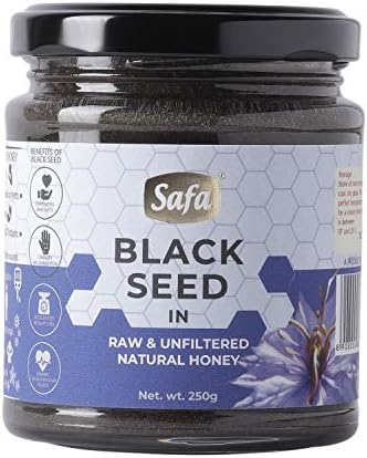 Safa Black Seed Honey Immune Booster Organic Honey Raw Unprocessed Natural Kalonji Honey Unheated With No Added Sugar|For Nurturing Growing Children & Adults Natural, Unpasteurized, 250G Glass Jar