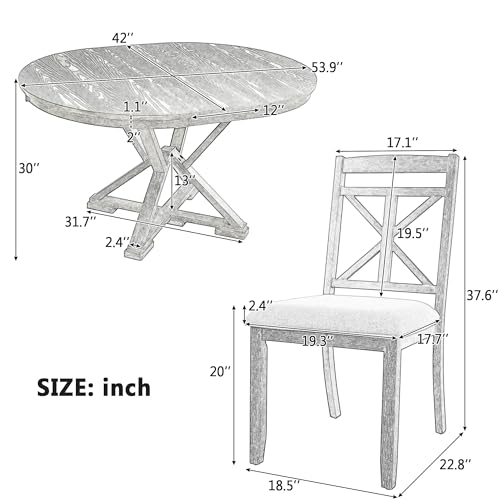 Image of 5-Piece Extendable Dining Set, Retro Kitchen Table for 4 6 People with Removable Middle Leaf and 4 Upholstered Chairs, Round Dining Table for Kitchen, Dining Room, Grey