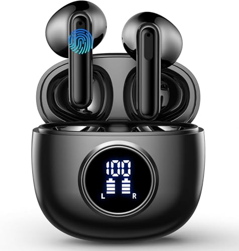 Wireless Earbuds, Bluetooth 5.4 Headphones in Ear with HiFi Stereo Deep Bass, 4 ENC Noise Cancelling Mic Wireless Earphones 48H Playtime, Bluetooth Earbuds LED Display, IP7 Waterproof, Bright Black Wireless Earbuds, Bluetooth 5.4 Headphones in Ear with HiFi Stereo Deep Bass, 4 ENC Noise Cancelling Mic Wireless Earphones 48H Playtime, Bluetooth Earbuds LED Display, IP7 Waterproof, Bright Black