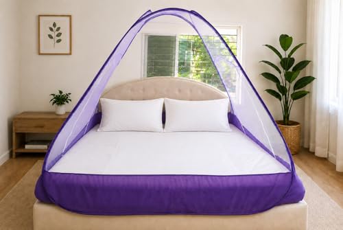 Image of Healthy Sleeping Mosquito Net | Double Bed | Supreme King Size Bed | Foldable Machardani with 2 Side Zipper Opening | Strong 30GSM Polyester Net | PVC Coated Steel Wire (Violet)