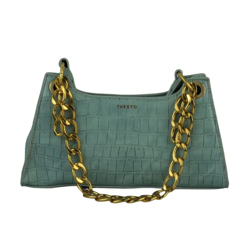 THESTO Shoulder Chain Bag, Fashionable Handbag for Women and Girls, Mini Handbags with Croc Pattern and Chunky Chain, PU Leather