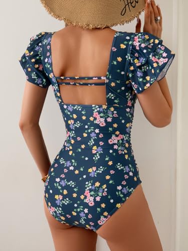 Image of Eomenie Women's Tummy Control One Piece Swimsuit Ruffle Square Neck Bathing Suit Ruched Cutout Back Slimming Swimwear