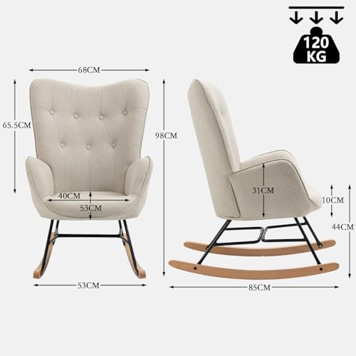 MEUBLE COSY Schaukelstuhl Sessel Schaukelsessel Stillstuhl Schwingstuhl mit Armlehnen Gepolsterter Sitzfläche für Wohnzimmer Schlafzimmer, Balkon, Stoff und Holzkufen, Bis 120 kg Belastbar, Beige