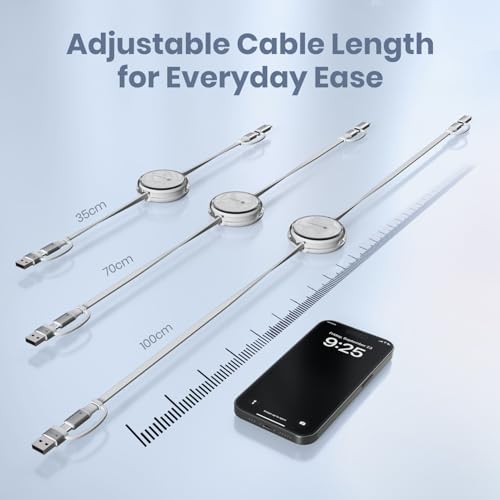 Image of Portronics 60W Quadline 4-In-1 Multifunctional Fast Charging Retractable Cable With Multiple Port & Strong Heads, Strong, Type C, Lightening, USB A, Fast Data Sync, 1M Cable Length (White)
